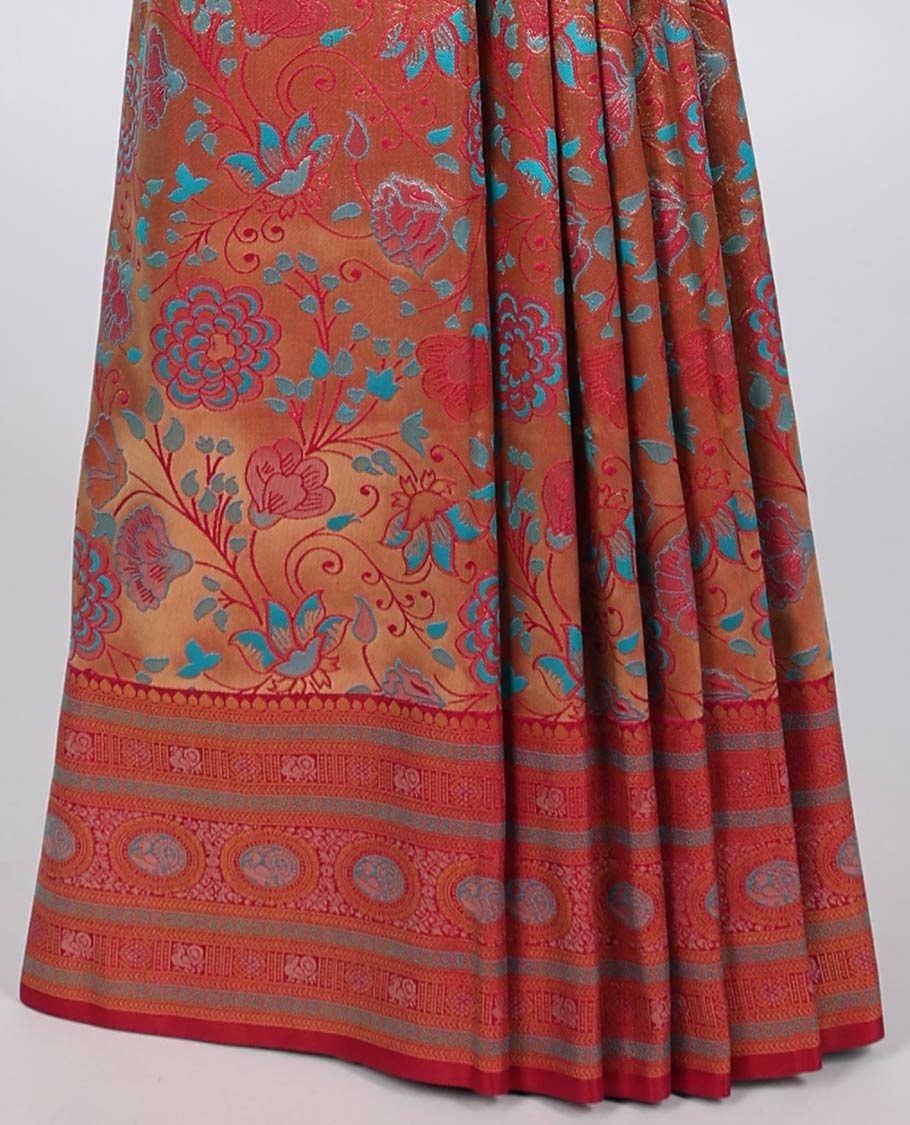 Red floral jaal jacquard Semi banaras tissue saree, traditional design border & intricate pallu