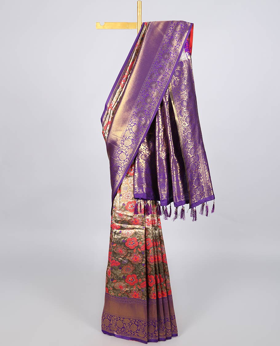 Brown floral jacquard Semi banaras tissue saree, contrast traditional design border & intricately designed pallu