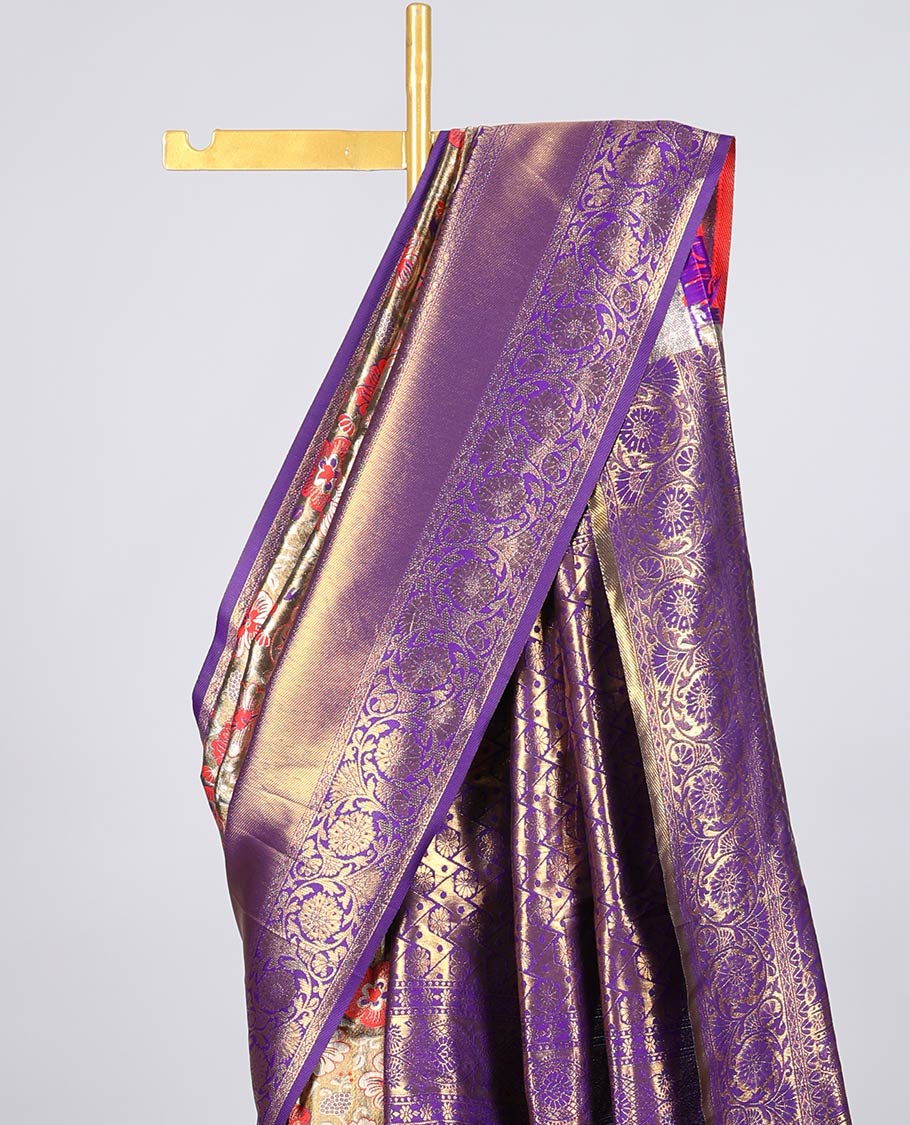 Brown floral jacquard Semi banaras tissue saree, contrast traditional design border & intricately designed pallu
