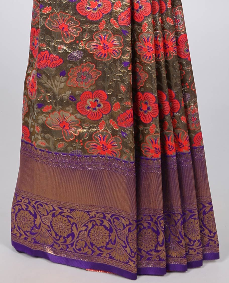 Brown floral jacquard Semi banaras tissue saree, contrast traditional design border & intricately designed pallu