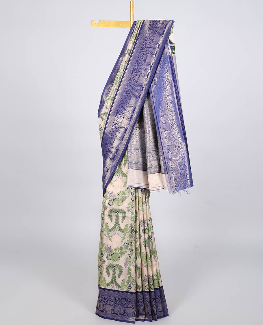 Cream floral and bird meenakari jacquard Semi banaras tissues saree, contrast traditional design border & intricate pallu