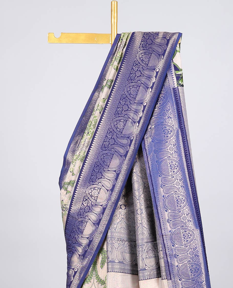 Cream floral and bird meenakari jacquard Semi banaras tissues saree, contrast traditional design border & intricate pallu