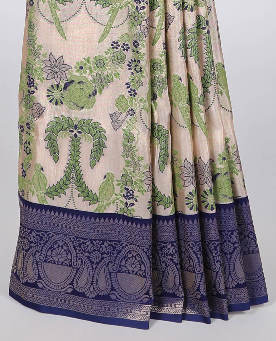 Cream floral and bird meenakari jacquard Semi banaras tissues saree, contrast traditional design border & intricate pallu