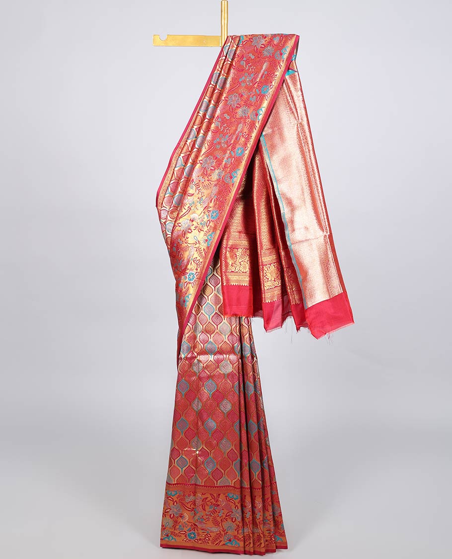 Multi-color jacquard Semi banaras tissue, floral & bird design zari border & jaal design pallu