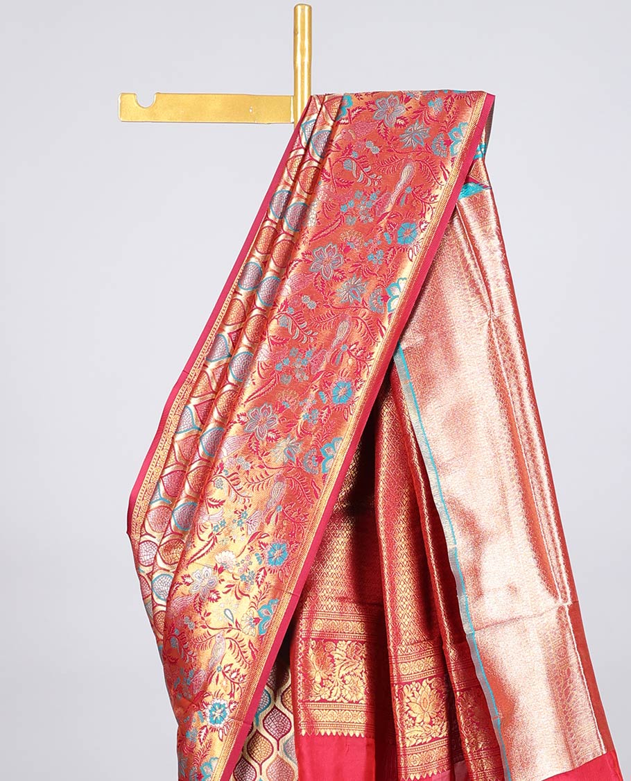 Multi-color jacquard Semi banaras tissue, floral & bird design zari border & jaal design pallu