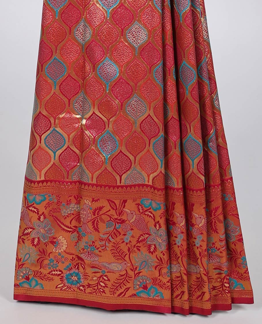 Multi-color jacquard Semi banaras tissue, floral & bird design zari border & jaal design pallu