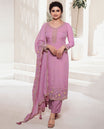 Pink material churidar catalog set, embroidered georgette top, plain bottom & embroidered  scallop dupatta