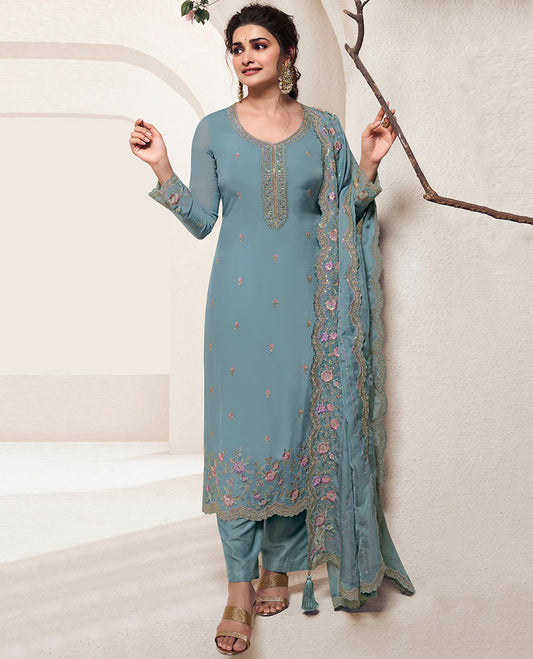 Blue material churidar catalog set, embroidered georgette top, plain bottom & embroidered  scallop dupatta