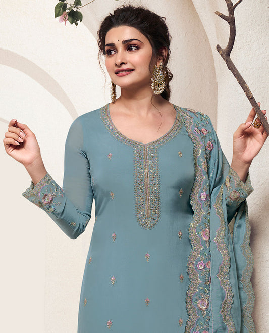 Blue material churidar catalog set, embroidered georgette top, plain bottom & embroidered  scallop dupatta