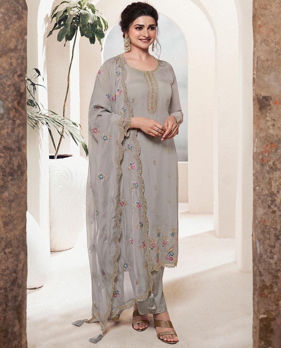 Grey material churidar catalog set, embroidered georgette top, plain bottom & embroidered  scallop dupatta