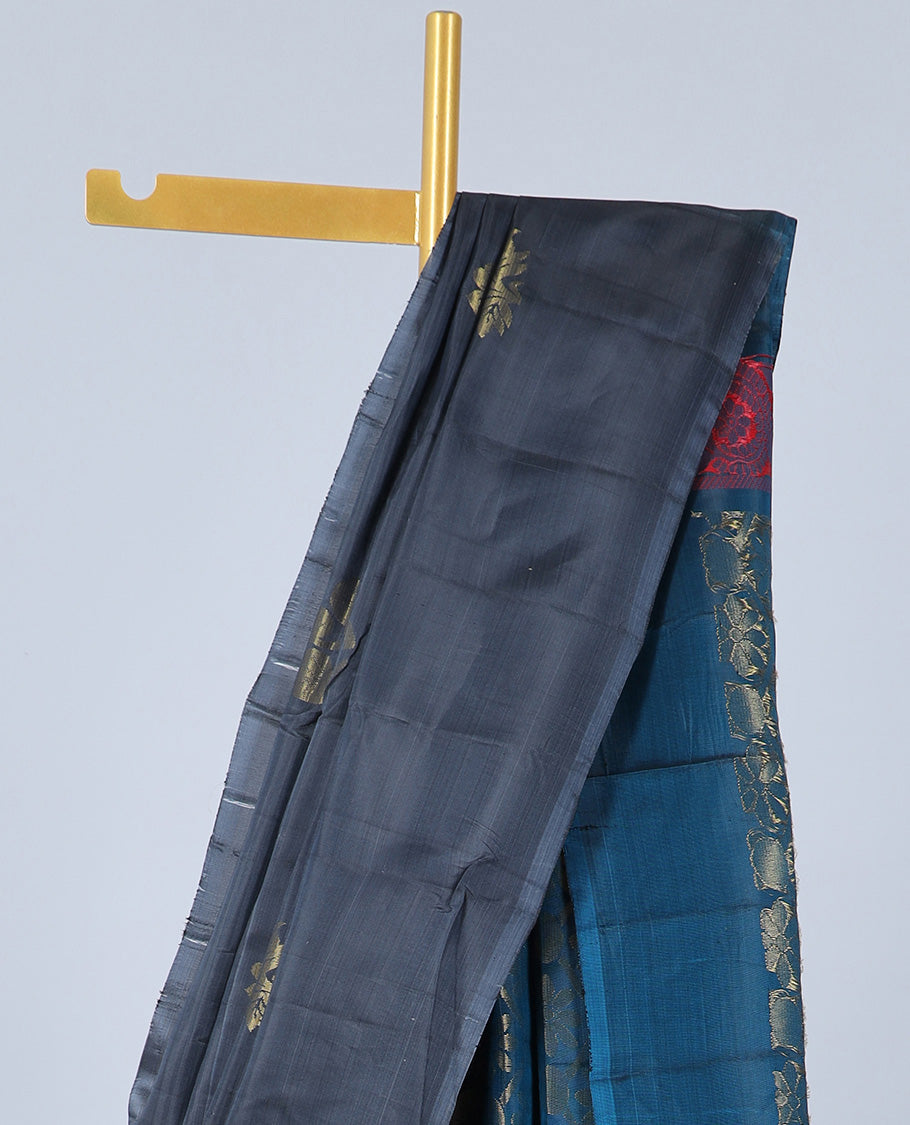 Borderless dark grey uppada saree with buttas, contrast pallu of floral designs