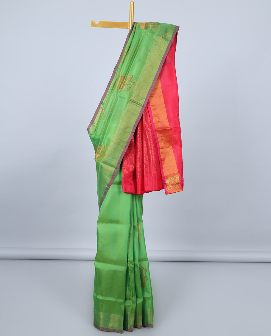 Green uppada saree with zari buttas, plain border & contrast pallu of intricate designs