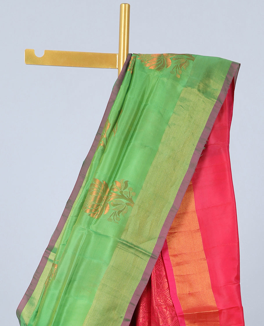 Green uppada saree with zari buttas, plain border & contrast pallu of intricate designs