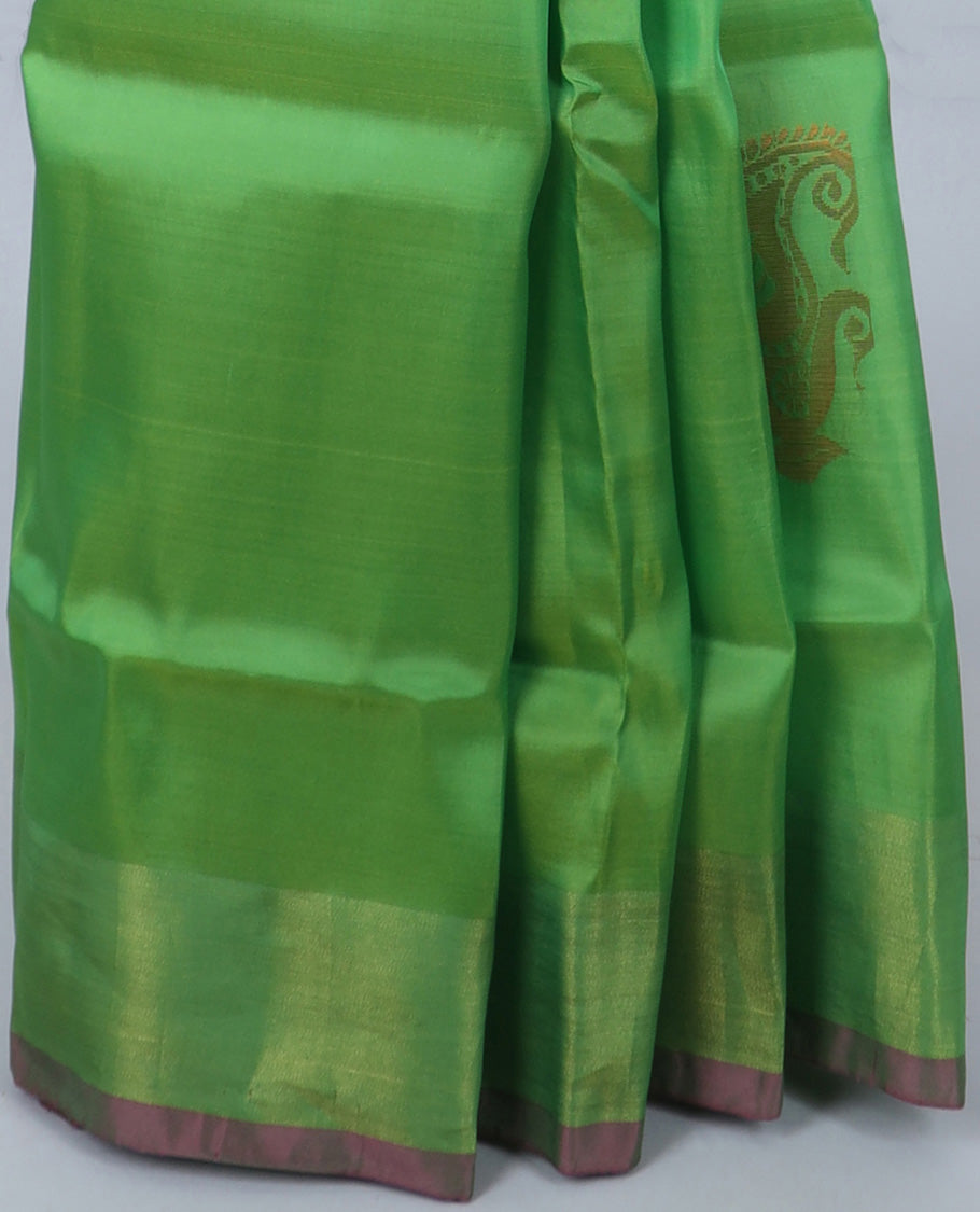 Green uppada saree with zari buttas, plain border & contrast pallu of intricate designs