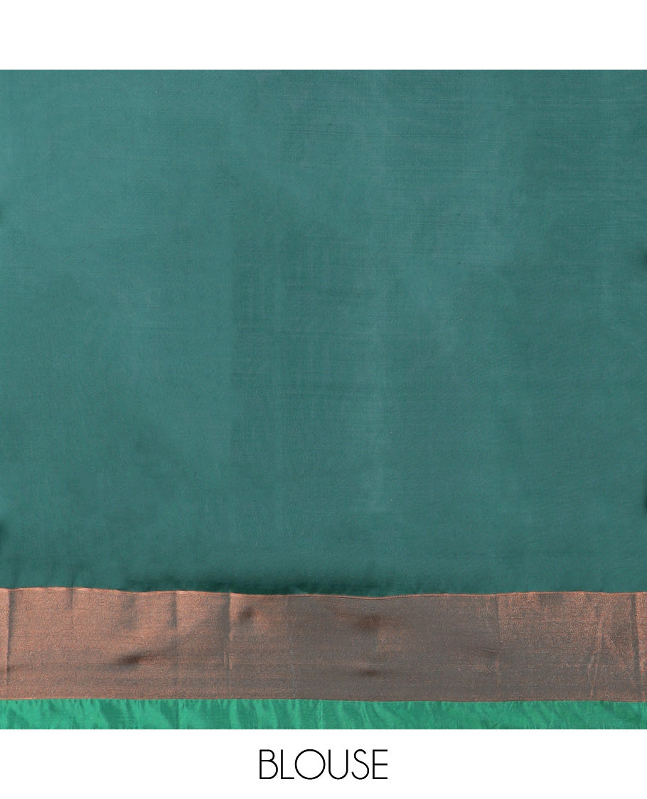 Pink uppada silk mix saree with buttas, plain border & contrast geometric zari patterned pallu