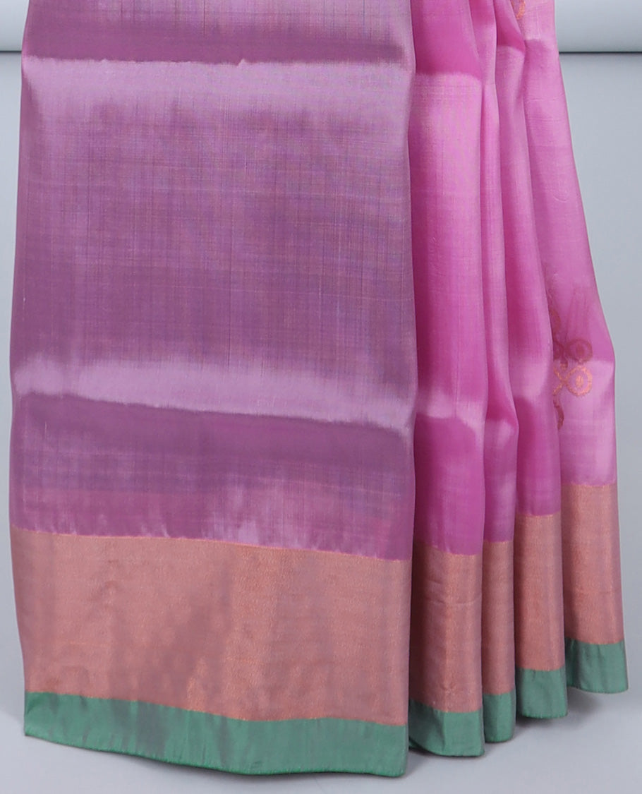 Pink uppada silk mix saree with buttas, plain border & contrast geometric zari patterned pallu
