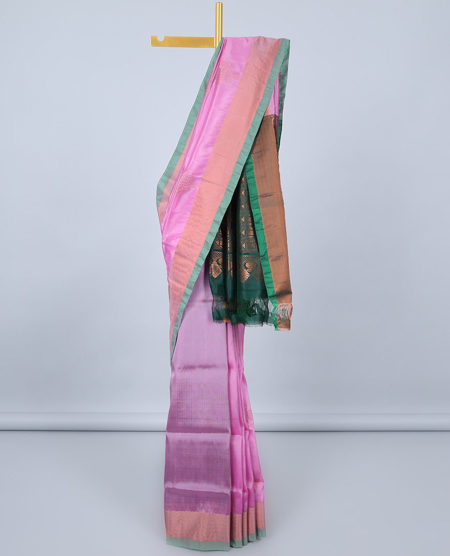 Pink uppada silk mix saree with buttas, plain border & contrast geometric zari patterned pallu
