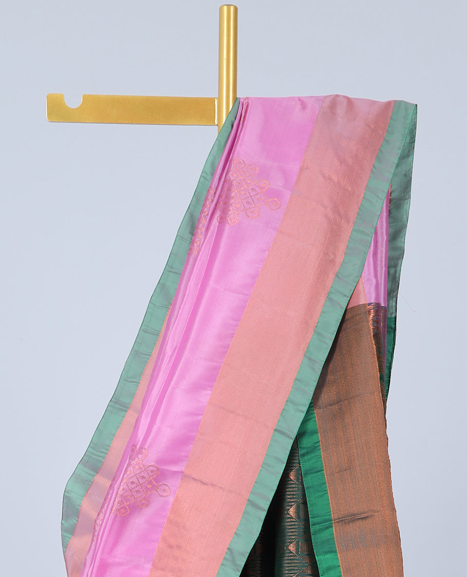 Pink uppada silk mix saree with buttas, plain border & contrast geometric zari patterned pallu