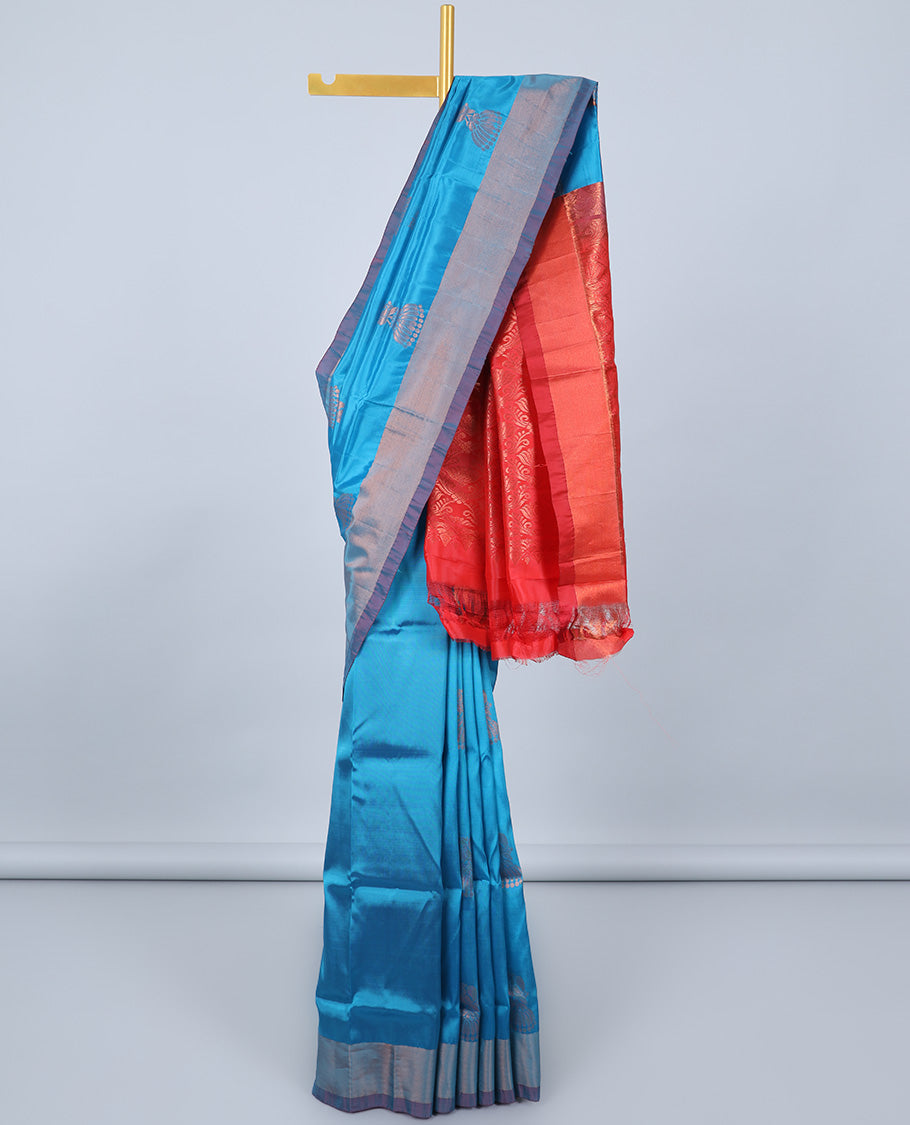 Blue uppada silk mix saree with zari buttas, plain border & contrast intricate zari design pallu