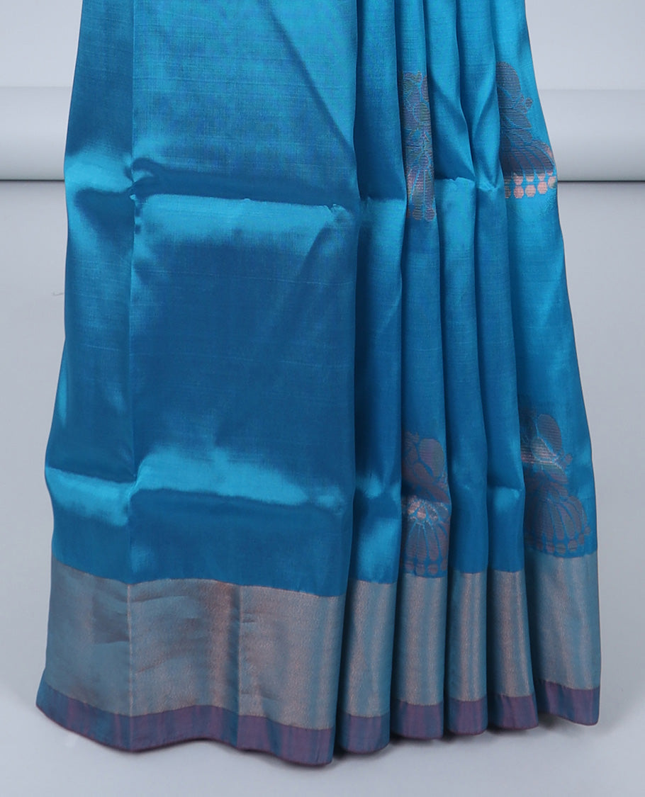 Blue uppada silk mix saree with zari buttas, plain border & contrast intricate zari design pallu