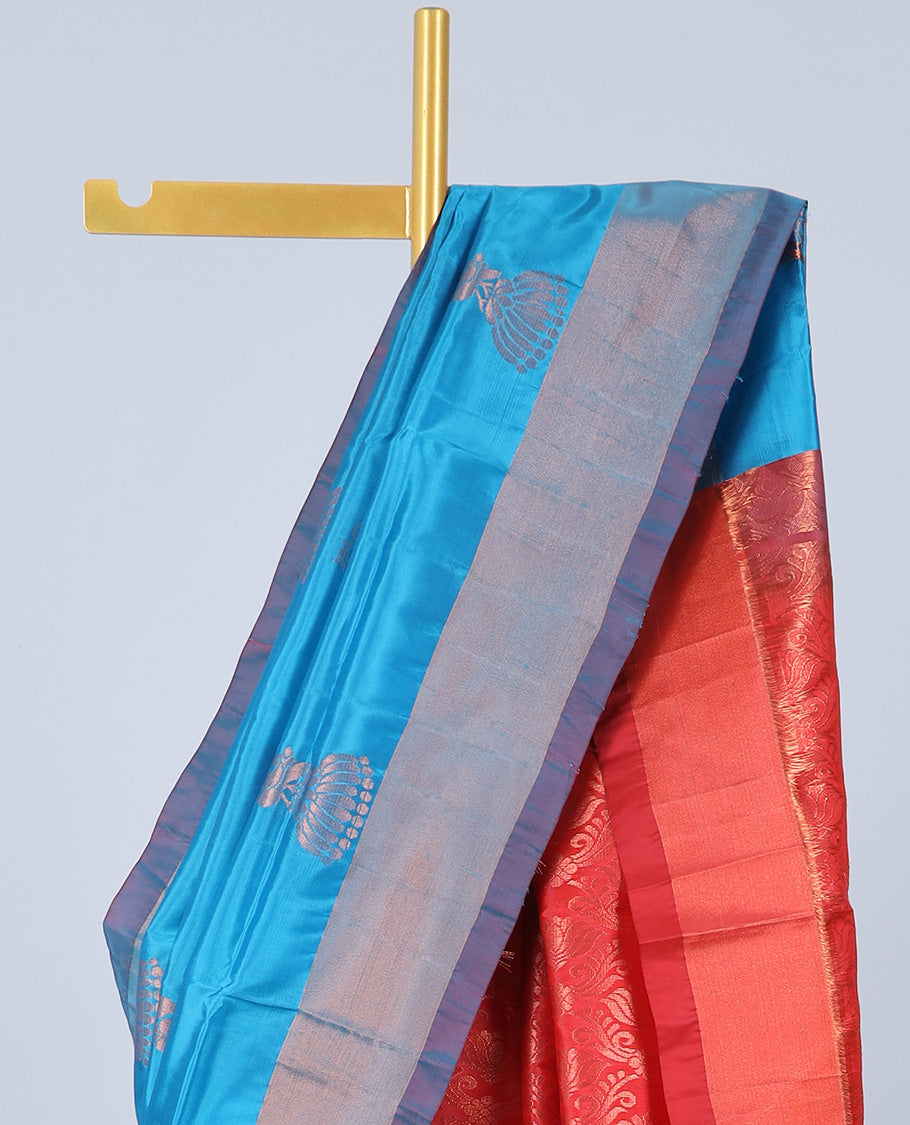 Blue uppada silk mix saree with zari buttas, plain border & contrast intricate zari design pallu
