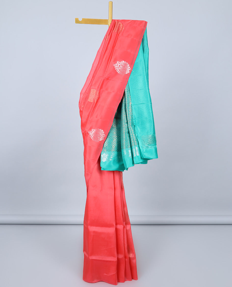 Borderless red uppada silk mix saree with buttas, contrast jaal design pallu