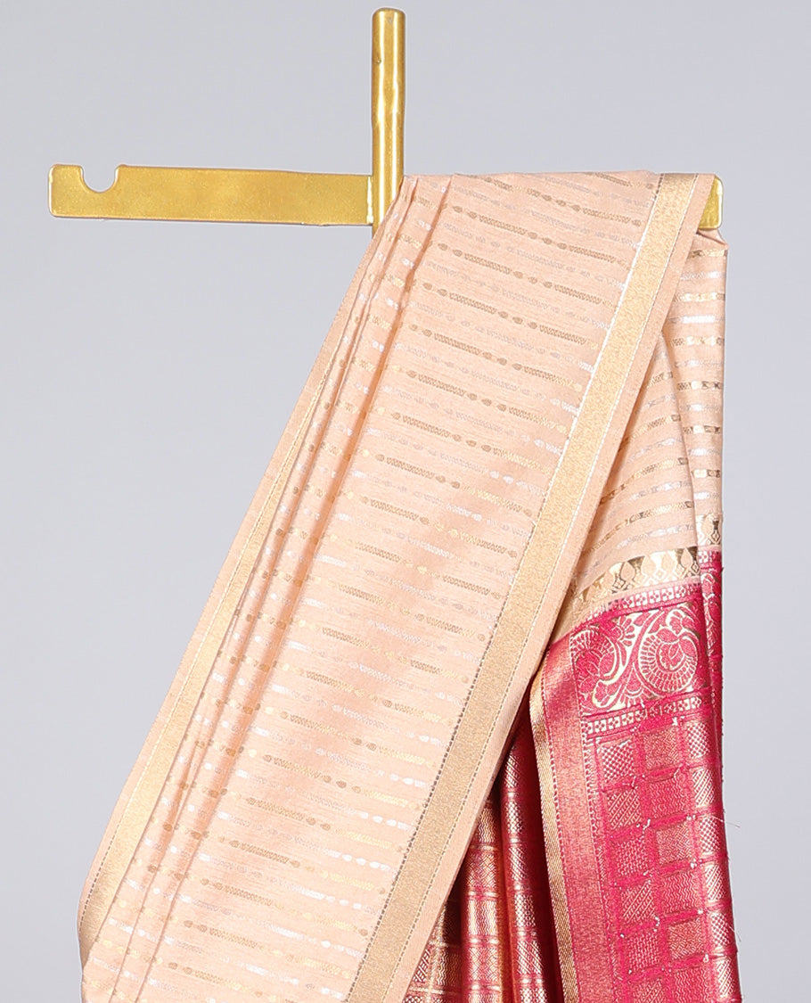 Cream semi banaras dola saree with zari designs, zari border & intricate checked design pallu