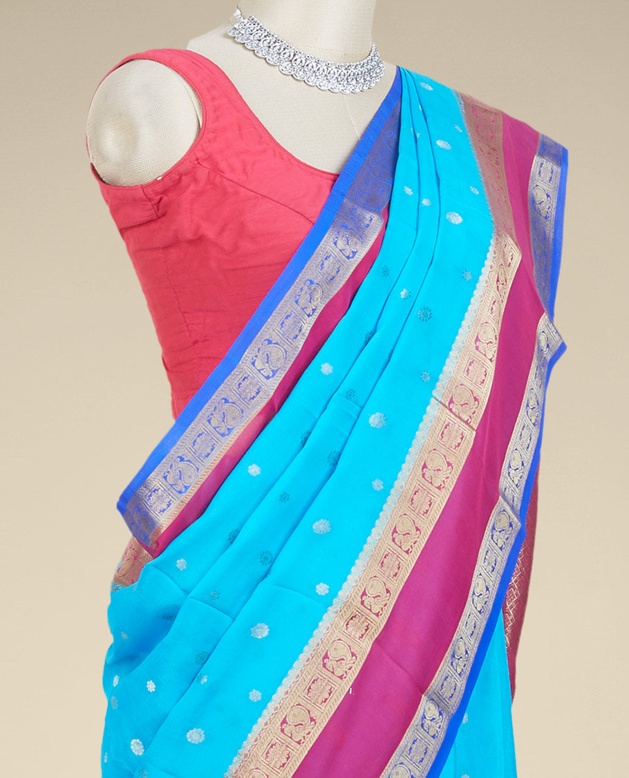 Blue mysore silk saree with zari buttas, contrast rettai pettu border of peacock & floral designs & pallu of jaal design