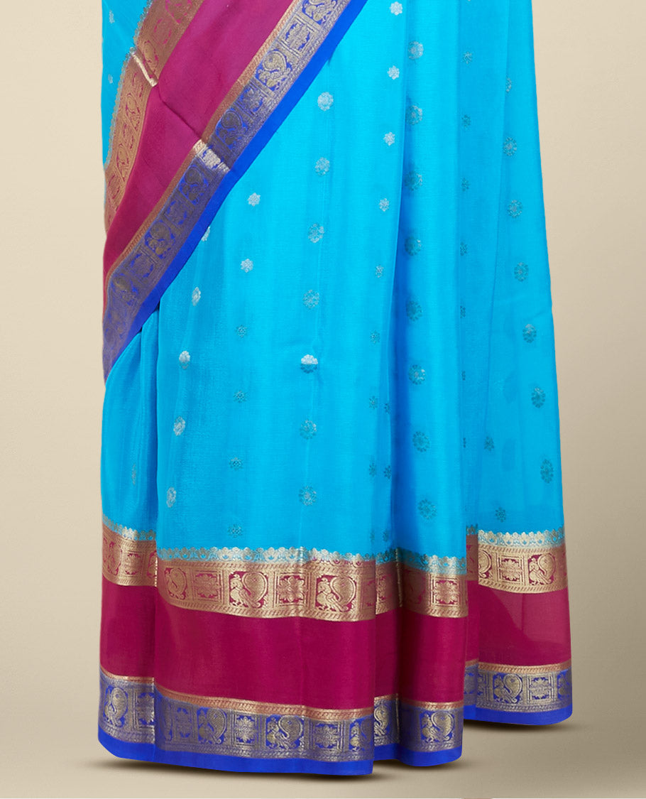 Blue mysore silk saree with zari buttas, contrast rettai pettu border of peacock & floral designs & pallu of jaal design