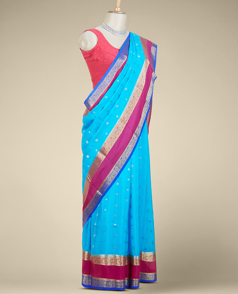 Blue mysore silk saree with zari buttas, contrast rettai pettu border of peacock & floral designs & pallu of jaal design