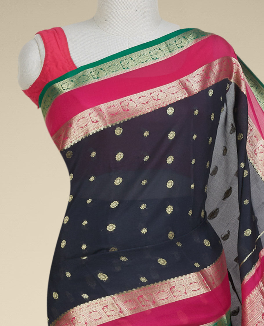 Black mysore silk saree with zari buttas, contrast rettai pettu border of peacock & floral designs 