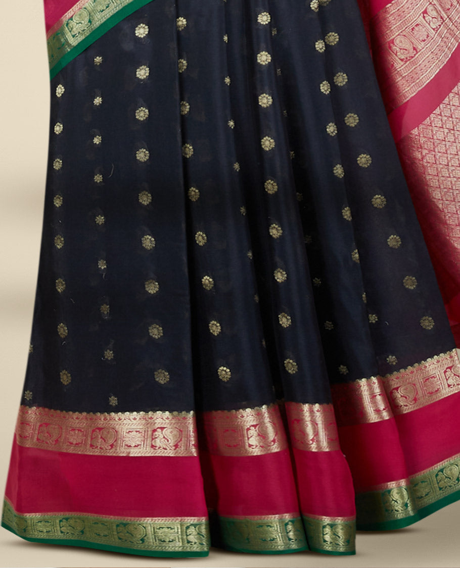 Black mysore silk saree with zari buttas, contrast rettai pettu border of peacock & floral designs 