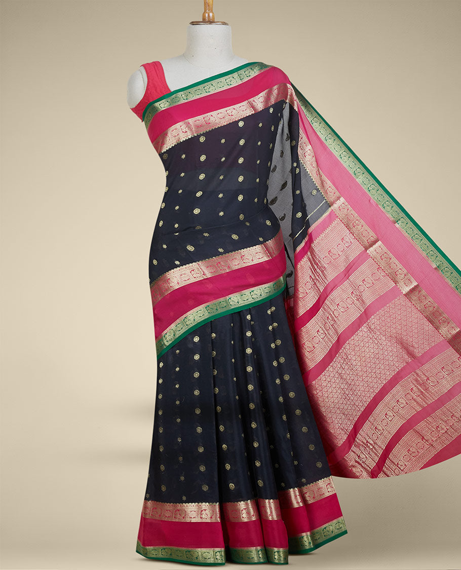 Black mysore silk saree with zari buttas, contrast rettai pettu border of peacock & floral designs 