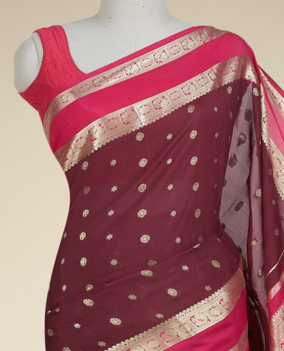 Brown mysore silk saree with zari buttas, contrast rettai pettu border of peacock & floral designs