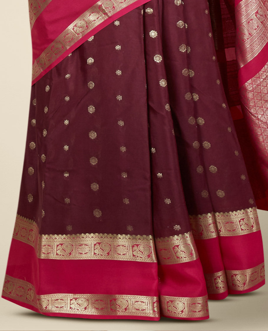 Brown mysore silk saree with zari buttas, contrast rettai pettu border of peacock & floral designs