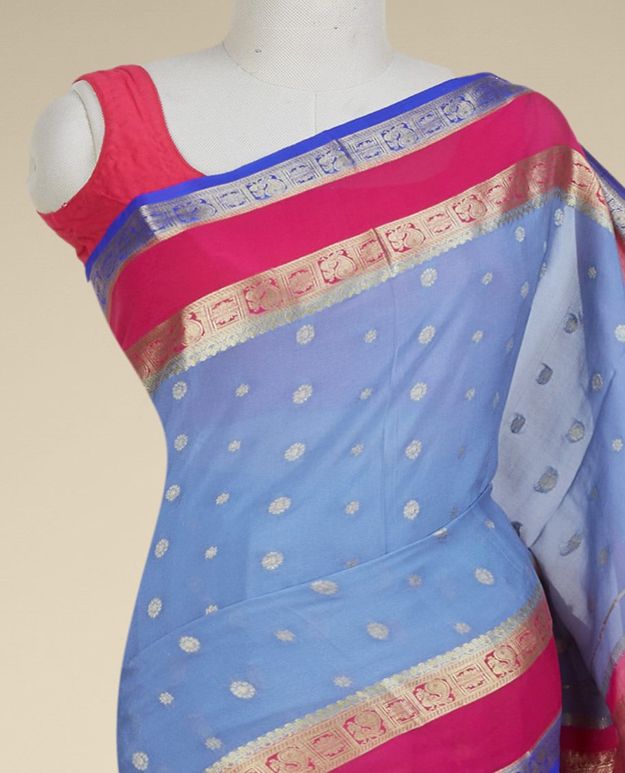 Grey mysore silk saree with zari buttas, contrast rettai pettu border of peacock & floral & pallu of jaal designs 