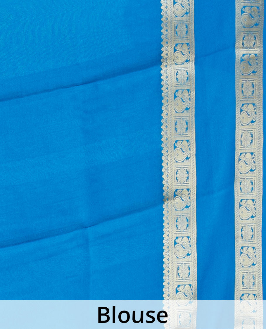 Blue mysore silk saree with zari buttas, contrast traditional design zari border & pallu of jaal