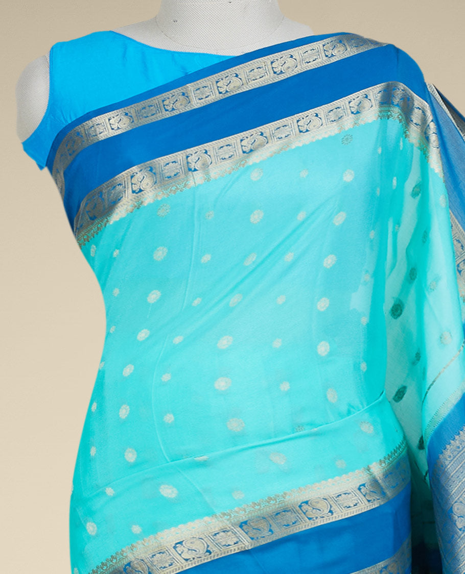 Blue mysore silk saree with zari buttas, contrast traditional design zari border & pallu of jaal