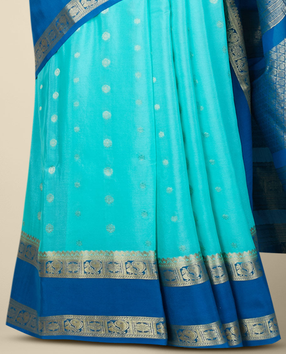 Blue mysore silk saree with zari buttas, contrast traditional design zari border & pallu of jaal