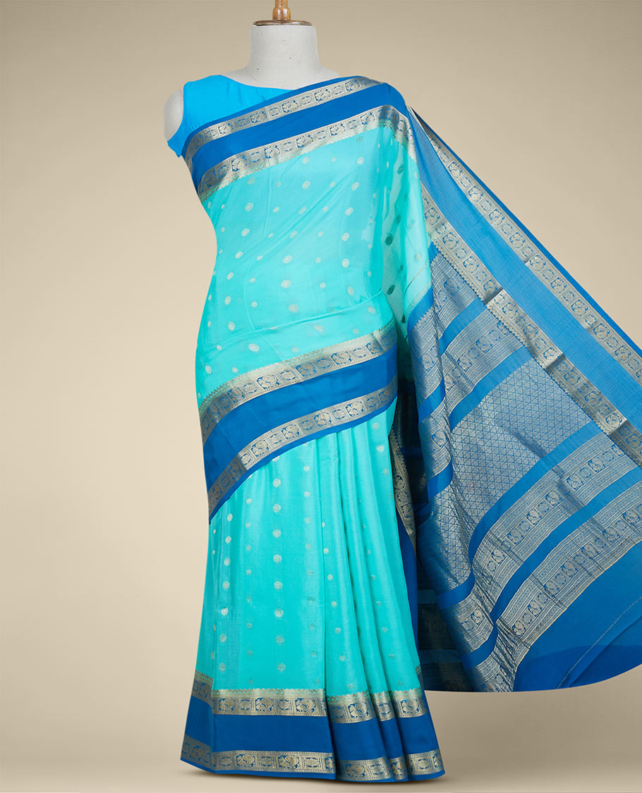 Blue mysore silk saree with zari buttas, contrast traditional design zari border & pallu of jaal