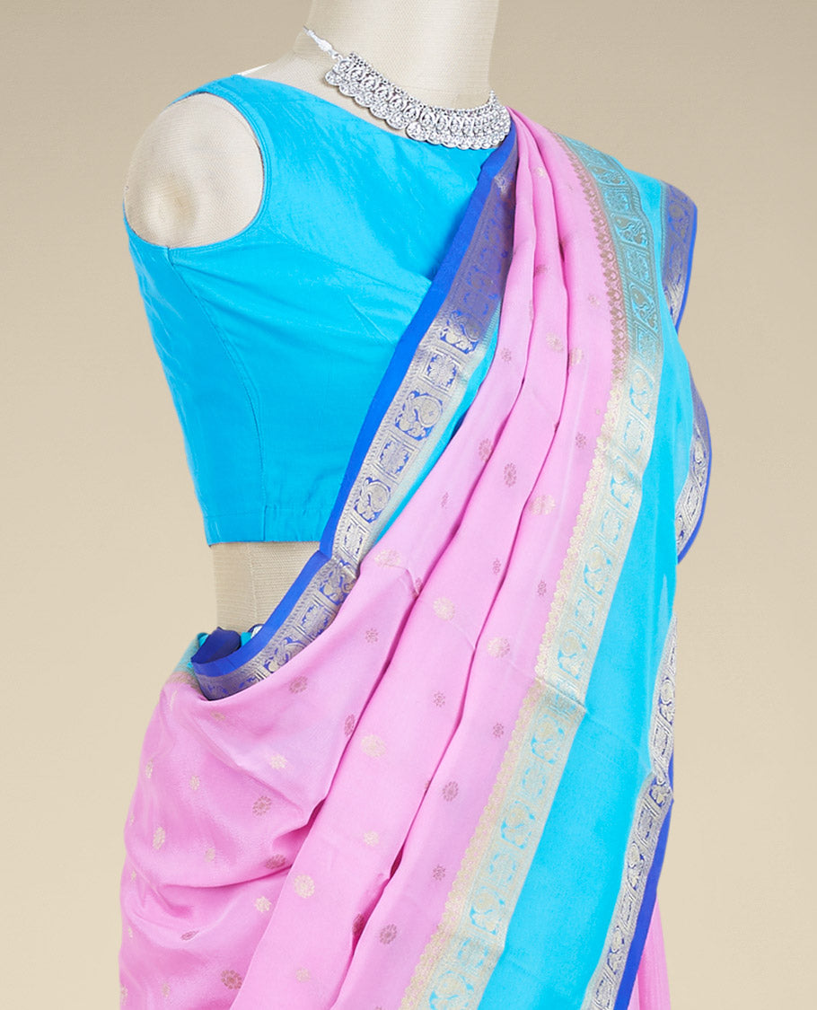 Pink mysore silk saree with zari buttas, contrast traditional design zari border & pallu of jaal 