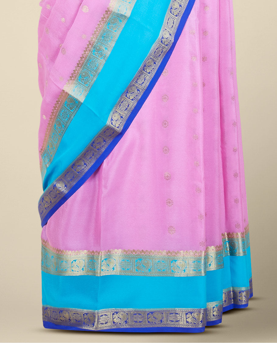 Pink mysore silk saree with zari buttas, contrast traditional design zari border & pallu of jaal 
