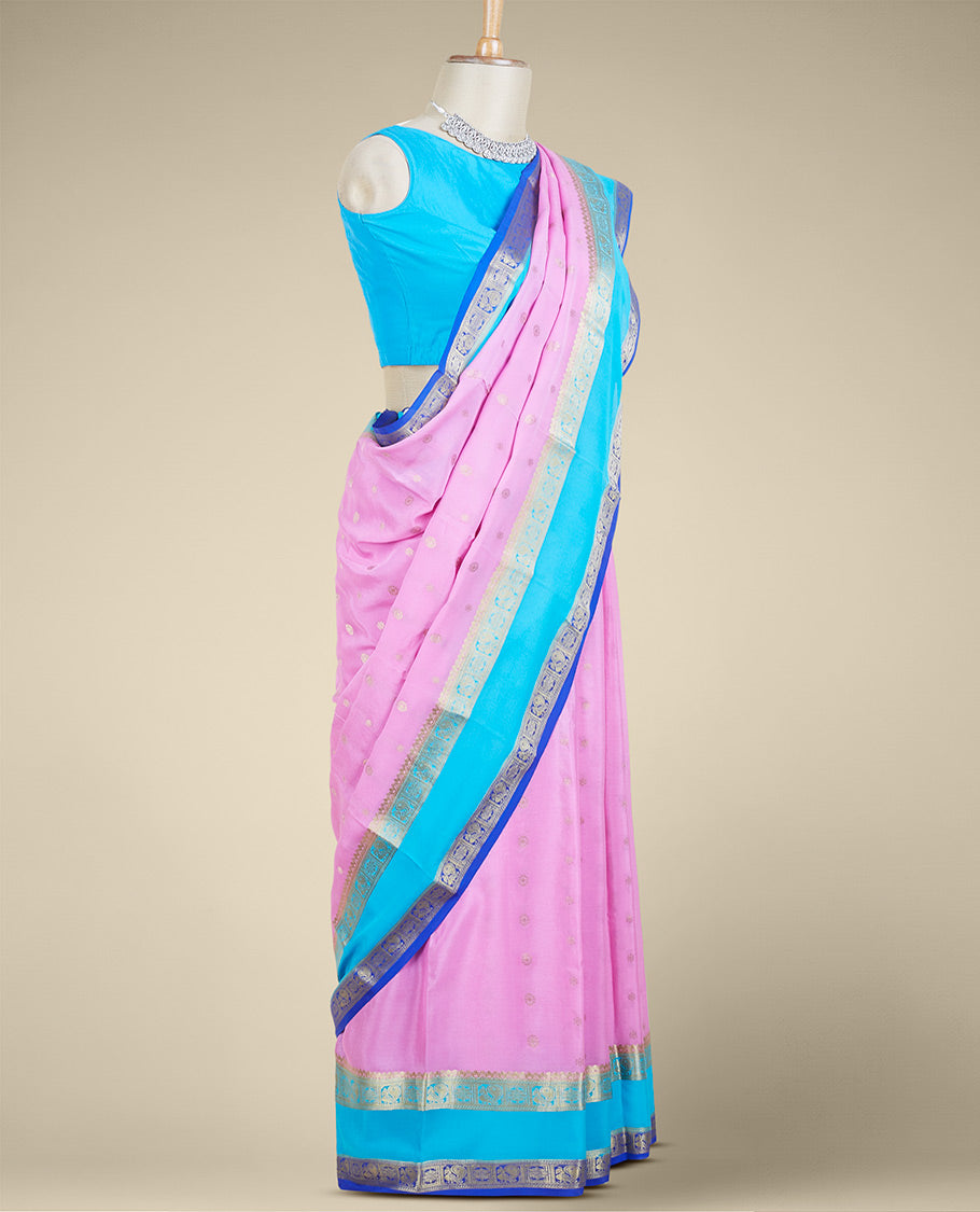Pink mysore silk saree with zari buttas, contrast traditional design zari border & pallu of jaal 