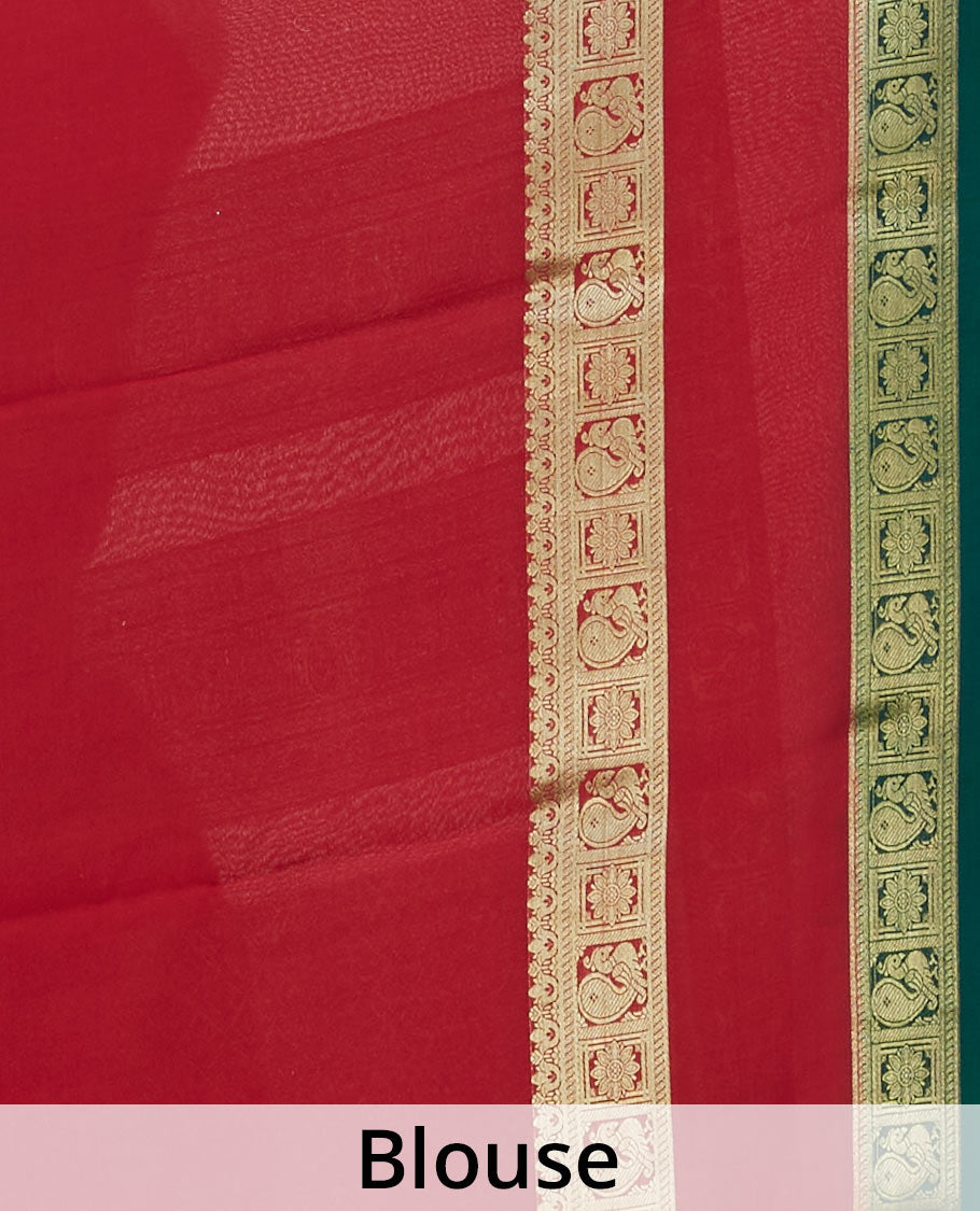 Orange mysore silksaree with zari buttas,contrast rettai pettu border of peacock & floral & pallu of jaal designs 