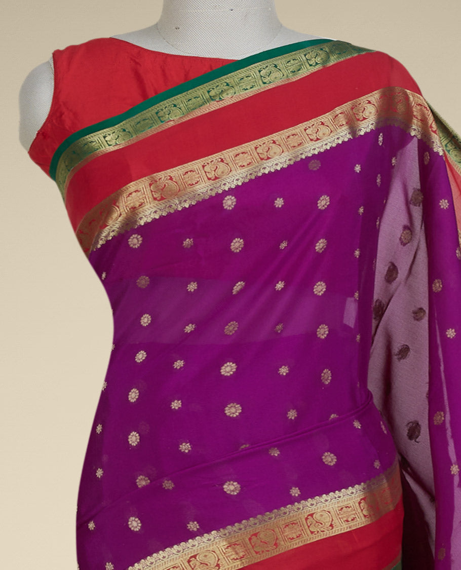 Purple mysore silksaree with zari buttas,contrast rettai pettu border of peacock ,floral & pallu of jaal designs