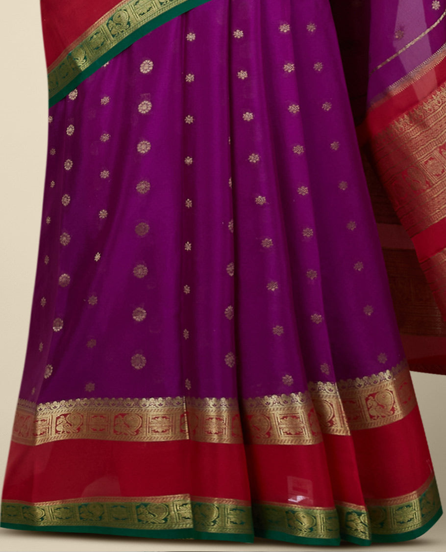 Purple mysore silksaree with zari buttas,contrast rettai pettu border of peacock ,floral & pallu of jaal designs
