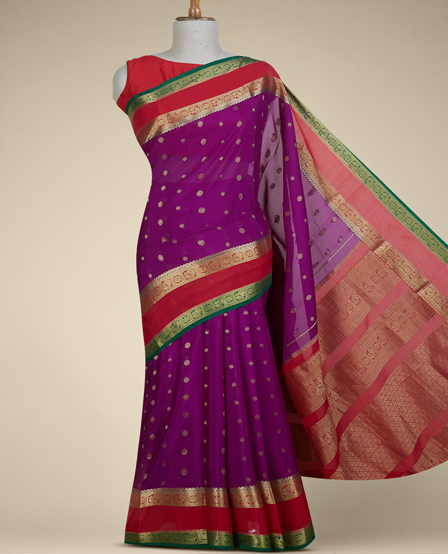 Purple mysore silksaree with zari buttas,contrast rettai pettu border of peacock ,floral & pallu of jaal designs
