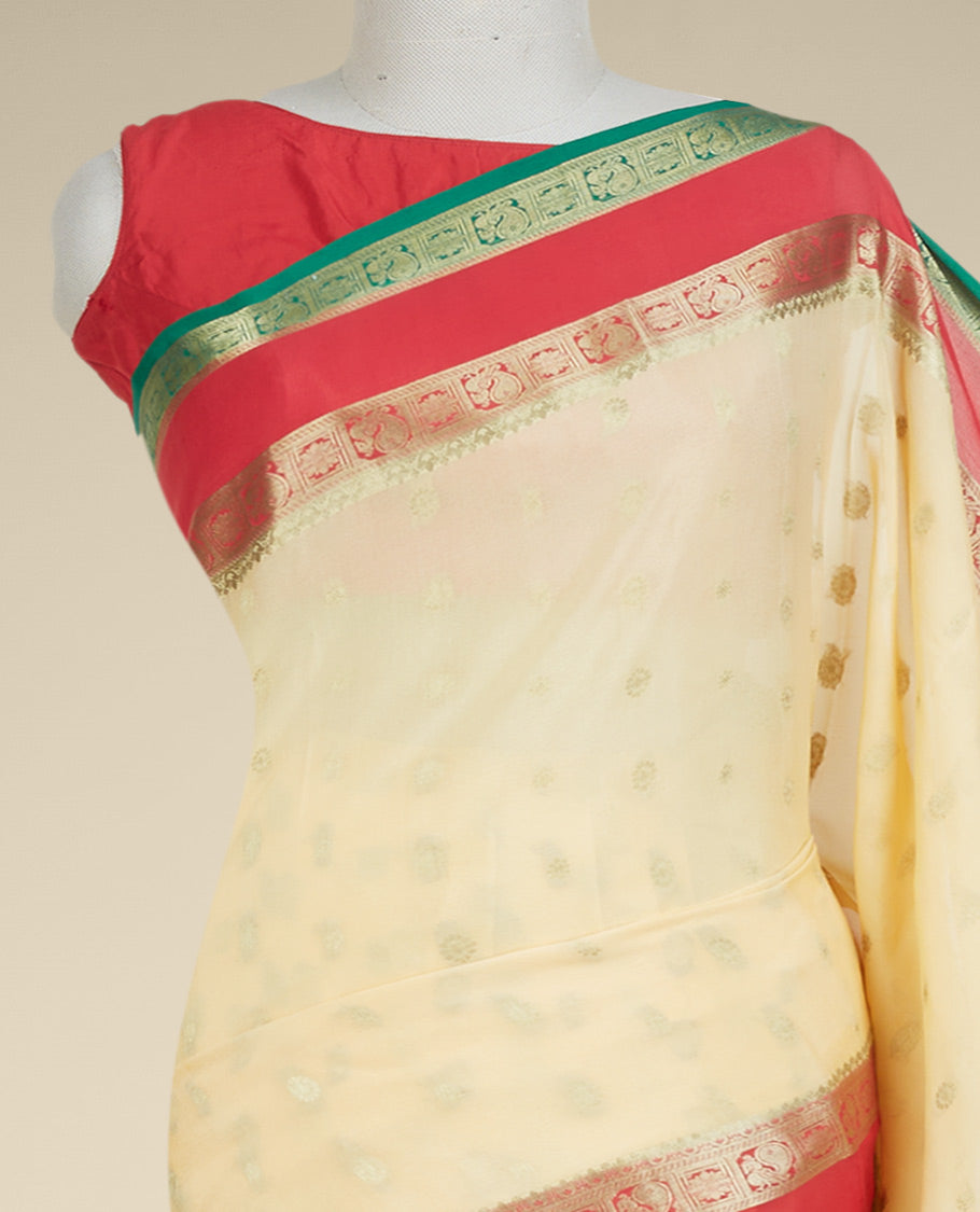 Sandal mysore silksaree with zari buttas,contrast rettai pettu border of peacock & floral designs & pallu of jaal design