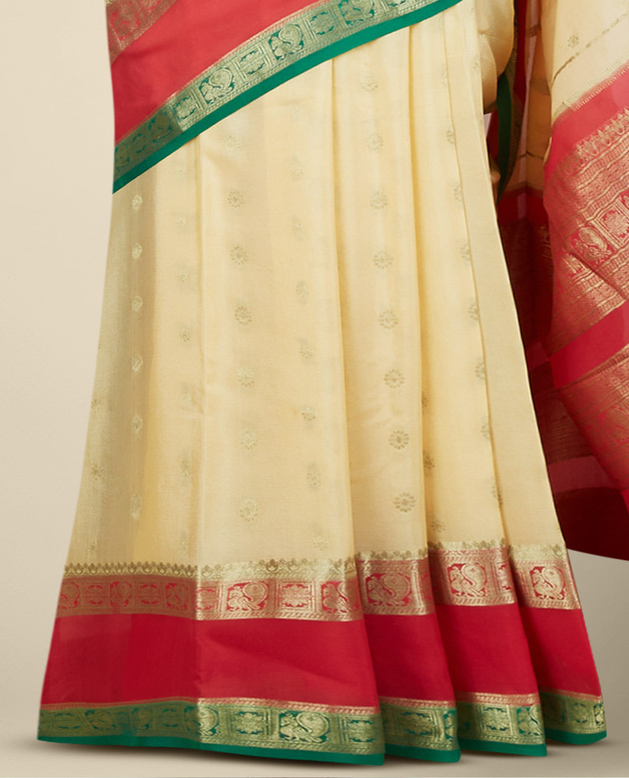 Sandal mysore silksaree with zari buttas,contrast rettai pettu border of peacock & floral designs & pallu of jaal design