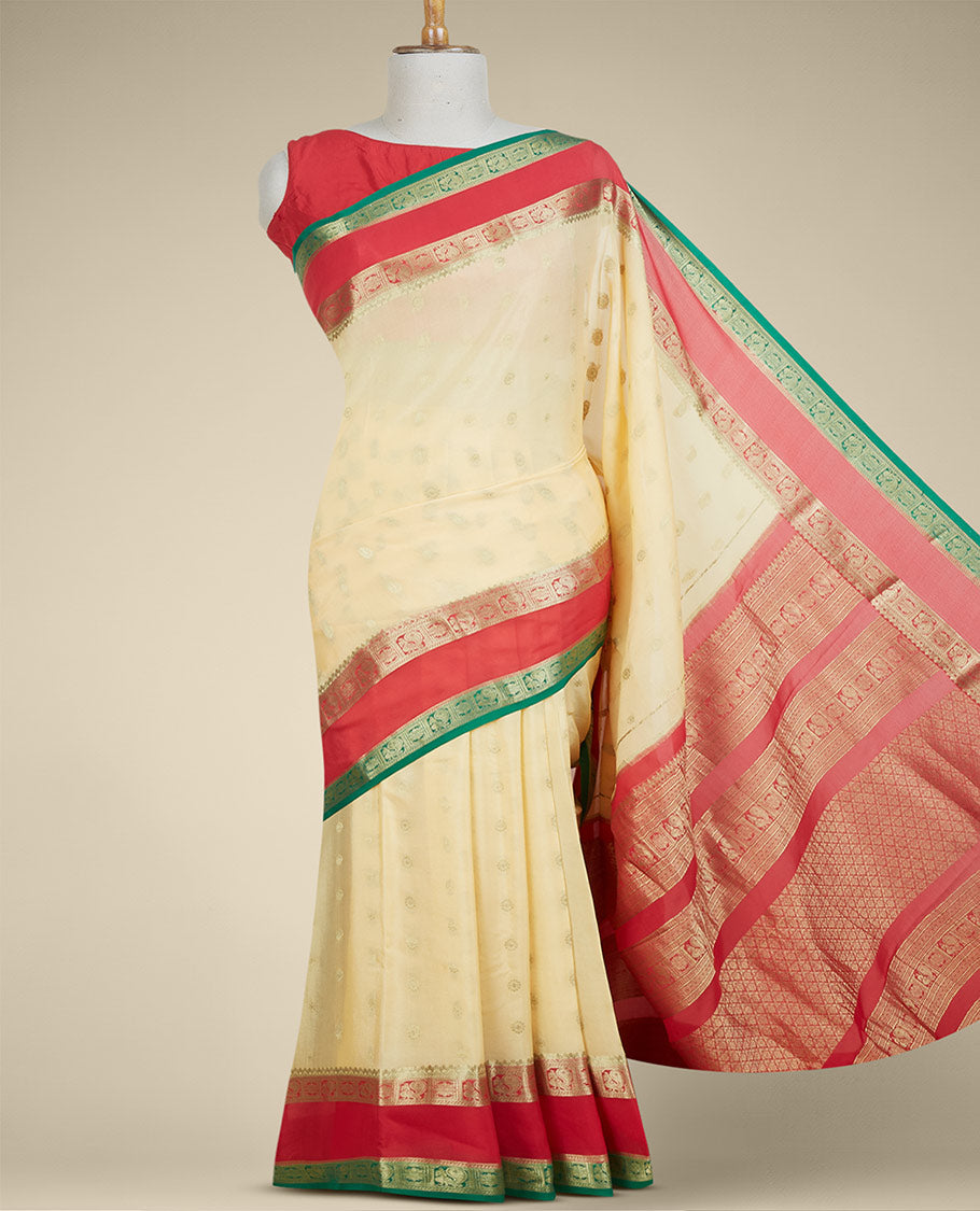 Sandal mysore silksaree with zari buttas,contrast rettai pettu border of peacock & floral designs & pallu of jaal design
